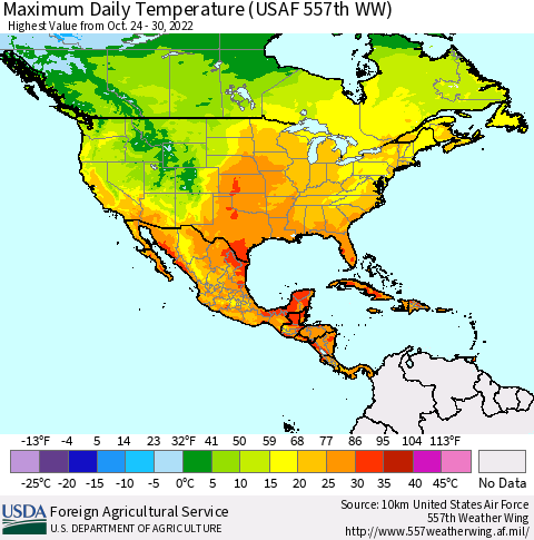 North America Maximum Daily Temperature (USAF 557th WW) Thematic Map For 10/24/2022 - 10/30/2022