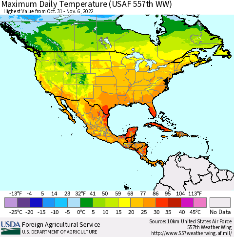 North America Maximum Daily Temperature (USAF 557th WW) Thematic Map For 10/31/2022 - 11/6/2022