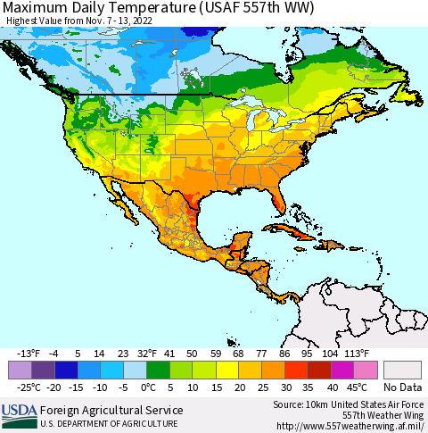 North America Maximum Daily Temperature (USAF 557th WW) Thematic Map For 11/7/2022 - 11/13/2022