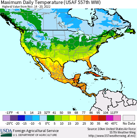North America Maximum Daily Temperature (USAF 557th WW) Thematic Map For 11/14/2022 - 11/20/2022
