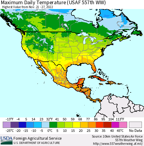 North America Maximum Daily Temperature (USAF 557th WW) Thematic Map For 11/21/2022 - 11/27/2022