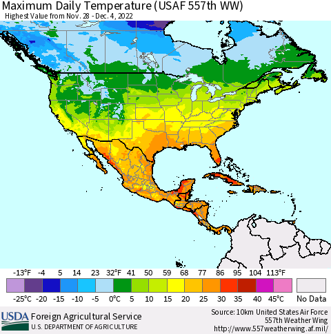 North America Maximum Daily Temperature (USAF 557th WW) Thematic Map For 11/28/2022 - 12/4/2022