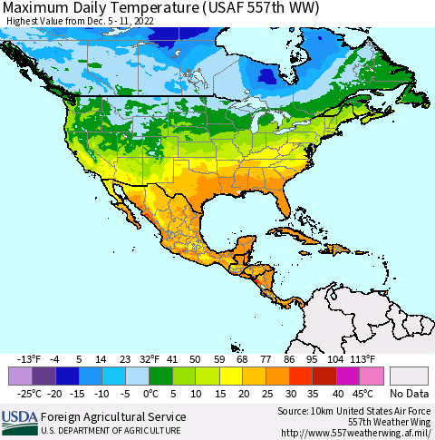 North America Maximum Daily Temperature (USAF 557th WW) Thematic Map For 12/5/2022 - 12/11/2022