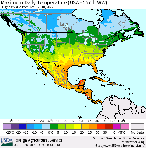 North America Maximum Daily Temperature (USAF 557th WW) Thematic Map For 12/12/2022 - 12/18/2022