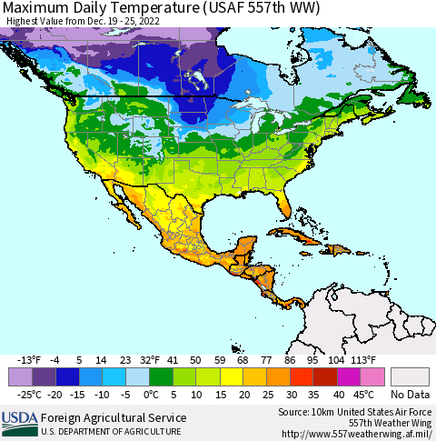 North America Maximum Daily Temperature (USAF 557th WW) Thematic Map For 12/19/2022 - 12/25/2022