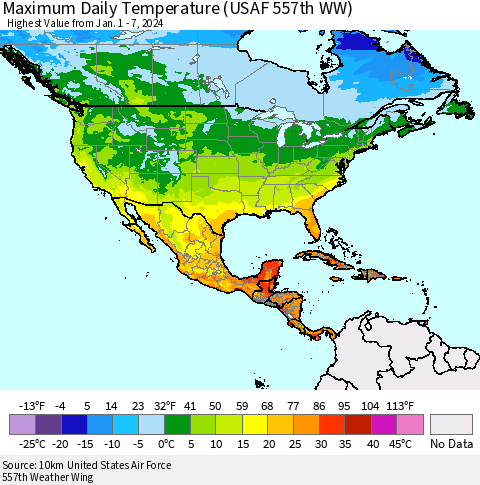 North America Maximum Daily Temperature (USAF 557th WW) Thematic Map For 1/1/2024 - 1/7/2024
