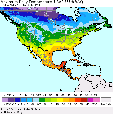 North America Maximum Daily Temperature (USAF 557th WW) Thematic Map For 1/8/2024 - 1/14/2024