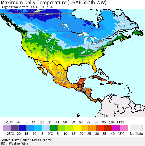 North America Maximum Daily Temperature (USAF 557th WW) Thematic Map For 1/15/2024 - 1/21/2024