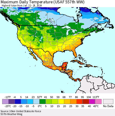 North America Maximum Daily Temperature (USAF 557th WW) Thematic Map For 1/22/2024 - 1/28/2024