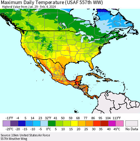 North America Maximum Daily Temperature (USAF 557th WW) Thematic Map For 1/29/2024 - 2/4/2024