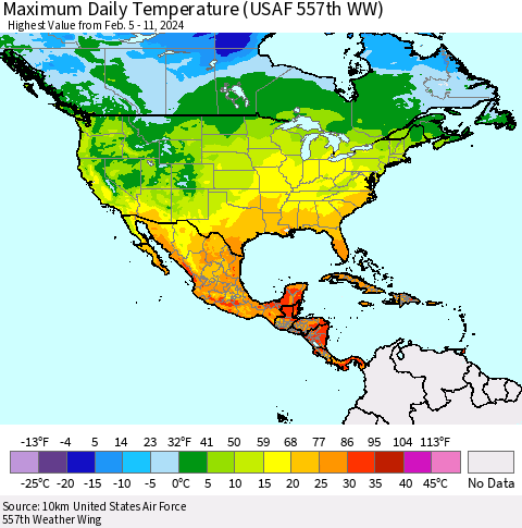 North America Maximum Daily Temperature (USAF 557th WW) Thematic Map For 2/5/2024 - 2/11/2024