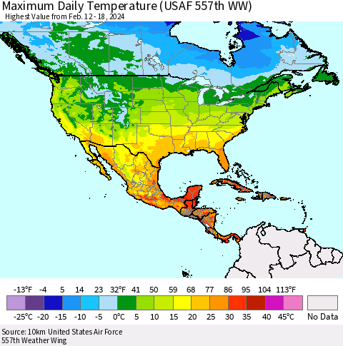 North America Maximum Daily Temperature (USAF 557th WW) Thematic Map For 2/12/2024 - 2/18/2024