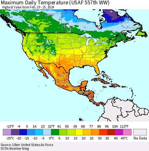 North America Maximum Daily Temperature (USAF 557th WW) Thematic Map For 2/19/2024 - 2/25/2024
