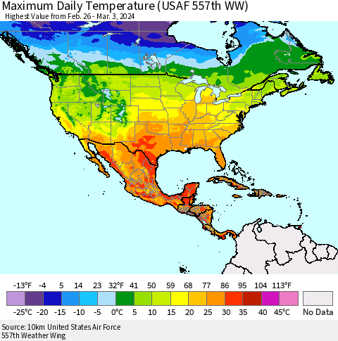 North America Maximum Daily Temperature (USAF 557th WW) Thematic Map For 2/26/2024 - 3/3/2024