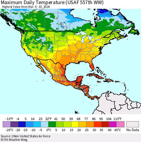 North America Maximum Daily Temperature (USAF 557th WW) Thematic Map For 3/4/2024 - 3/10/2024