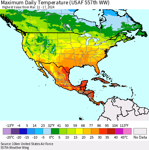 North America Maximum Daily Temperature (USAF 557th WW) Thematic Map For 3/11/2024 - 3/17/2024