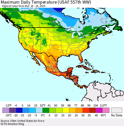 North America Maximum Daily Temperature (USAF 557th WW) Thematic Map For 3/18/2024 - 3/24/2024