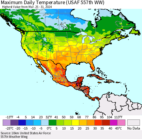 North America Maximum Daily Temperature (USAF 557th WW) Thematic Map For 3/25/2024 - 3/31/2024