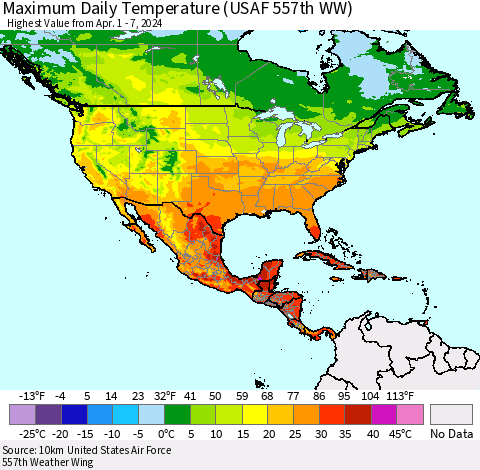 North America Maximum Daily Temperature (USAF 557th WW) Thematic Map For 4/1/2024 - 4/7/2024