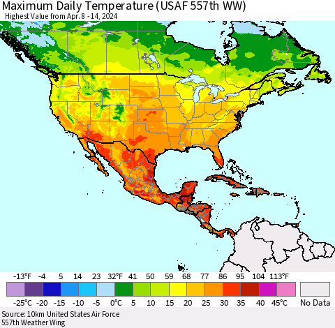 North America Maximum Daily Temperature (USAF 557th WW) Thematic Map For 4/8/2024 - 4/14/2024