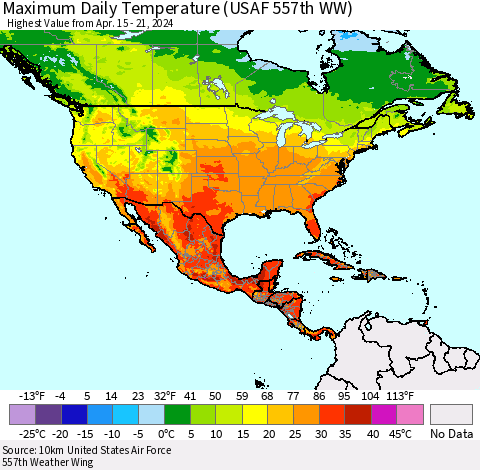 North America Maximum Daily Temperature (USAF 557th WW) Thematic Map For 4/15/2024 - 4/21/2024