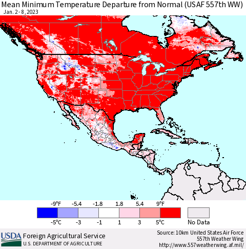 North America Mean Minimum Temperature Departure from Normal (USAF 557th WW) Thematic Map For 1/2/2023 - 1/8/2023