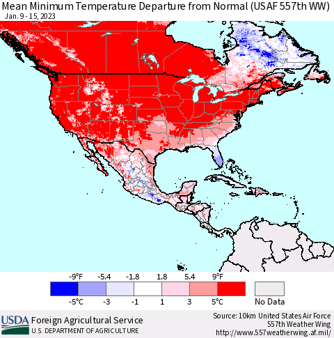 North America Mean Minimum Temperature Departure from Normal (USAF 557th WW) Thematic Map For 1/9/2023 - 1/15/2023