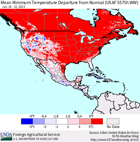 North America Mean Minimum Temperature Departure from Normal (USAF 557th WW) Thematic Map For 1/16/2023 - 1/22/2023