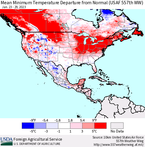 North America Mean Minimum Temperature Departure from Normal (USAF 557th WW) Thematic Map For 1/23/2023 - 1/29/2023