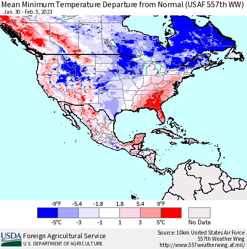 North America Mean Minimum Temperature Departure from Normal (USAF 557th WW) Thematic Map For 1/30/2023 - 2/5/2023