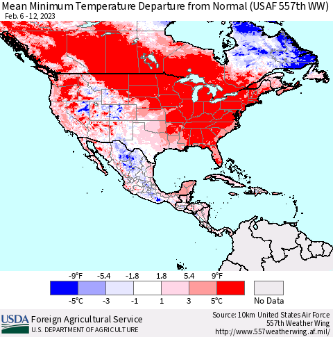 North America Mean Minimum Temperature Departure from Normal (USAF 557th WW) Thematic Map For 2/6/2023 - 2/12/2023