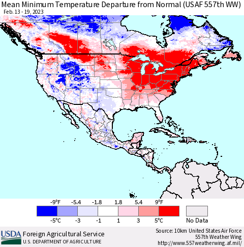 North America Mean Minimum Temperature Departure from Normal (USAF 557th WW) Thematic Map For 2/13/2023 - 2/19/2023