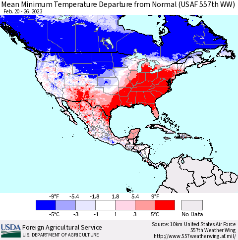 North America Mean Minimum Temperature Departure from Normal (USAF 557th WW) Thematic Map For 2/20/2023 - 2/26/2023