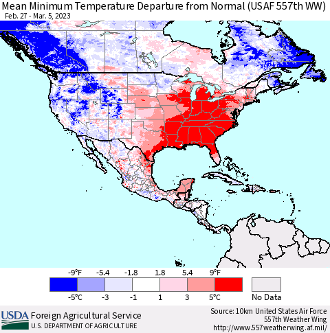 North America Mean Minimum Temperature Departure from Normal (USAF 557th WW) Thematic Map For 2/27/2023 - 3/5/2023