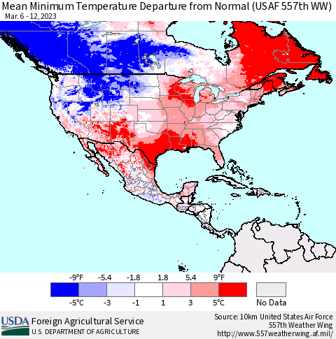 North America Mean Minimum Temperature Departure from Normal (USAF 557th WW) Thematic Map For 3/6/2023 - 3/12/2023