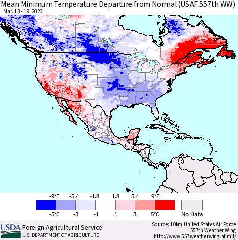 North America Mean Minimum Temperature Departure from Normal (USAF 557th WW) Thematic Map For 3/13/2023 - 3/19/2023