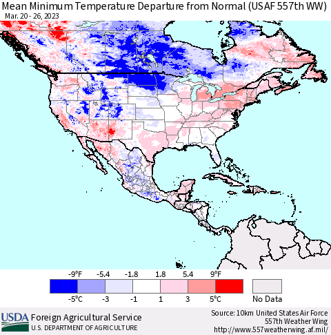 North America Mean Minimum Temperature Departure from Normal (USAF 557th WW) Thematic Map For 3/20/2023 - 3/26/2023