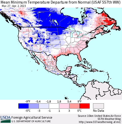 North America Mean Minimum Temperature Departure from Normal (USAF 557th WW) Thematic Map For 3/27/2023 - 4/2/2023