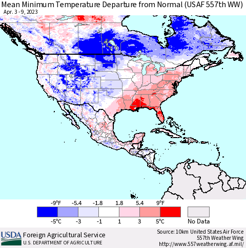 North America Mean Minimum Temperature Departure from Normal (USAF 557th WW) Thematic Map For 4/3/2023 - 4/9/2023
