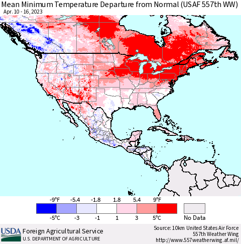 North America Mean Minimum Temperature Departure from Normal (USAF 557th WW) Thematic Map For 4/10/2023 - 4/16/2023