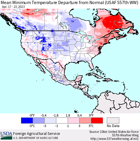 North America Mean Minimum Temperature Departure from Normal (USAF 557th WW) Thematic Map For 4/17/2023 - 4/23/2023
