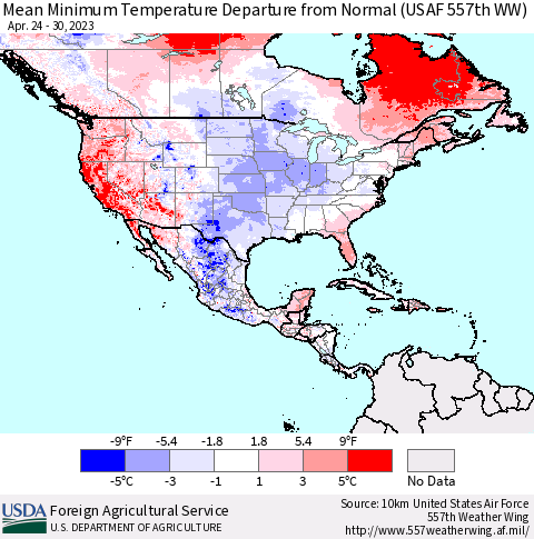 North America Mean Minimum Temperature Departure from Normal (USAF 557th WW) Thematic Map For 4/24/2023 - 4/30/2023