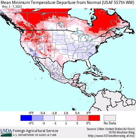 North America Mean Minimum Temperature Departure from Normal (USAF 557th WW) Thematic Map For 5/1/2023 - 5/7/2023
