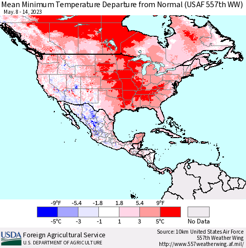 North America Mean Minimum Temperature Departure from Normal (USAF 557th WW) Thematic Map For 5/8/2023 - 5/14/2023