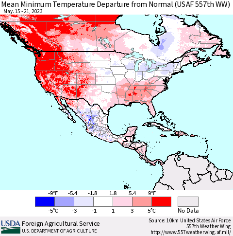 North America Mean Minimum Temperature Departure from Normal (USAF 557th WW) Thematic Map For 5/15/2023 - 5/21/2023