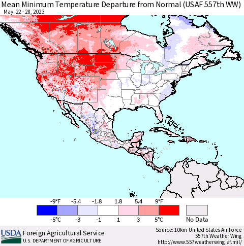 North America Mean Minimum Temperature Departure from Normal (USAF 557th WW) Thematic Map For 5/22/2023 - 5/28/2023