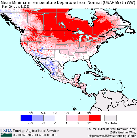 North America Mean Minimum Temperature Departure from Normal (USAF 557th WW) Thematic Map For 5/29/2023 - 6/4/2023