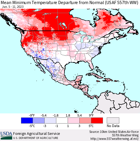 North America Mean Minimum Temperature Departure from Normal (USAF 557th WW) Thematic Map For 6/5/2023 - 6/11/2023