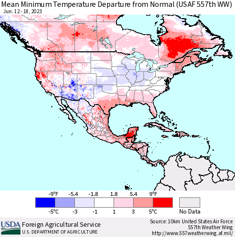 North America Mean Minimum Temperature Departure from Normal (USAF 557th WW) Thematic Map For 6/12/2023 - 6/18/2023