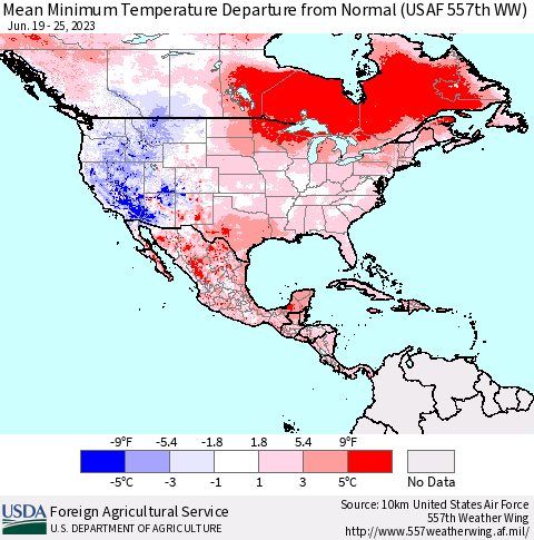 North America Mean Minimum Temperature Departure from Normal (USAF 557th WW) Thematic Map For 6/19/2023 - 6/25/2023